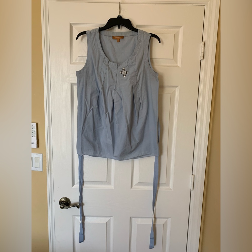 Ellen Tracy Jeweled‎ 100% Cotton Sleeveless Waist Tie Tank Top Blue Minimalist